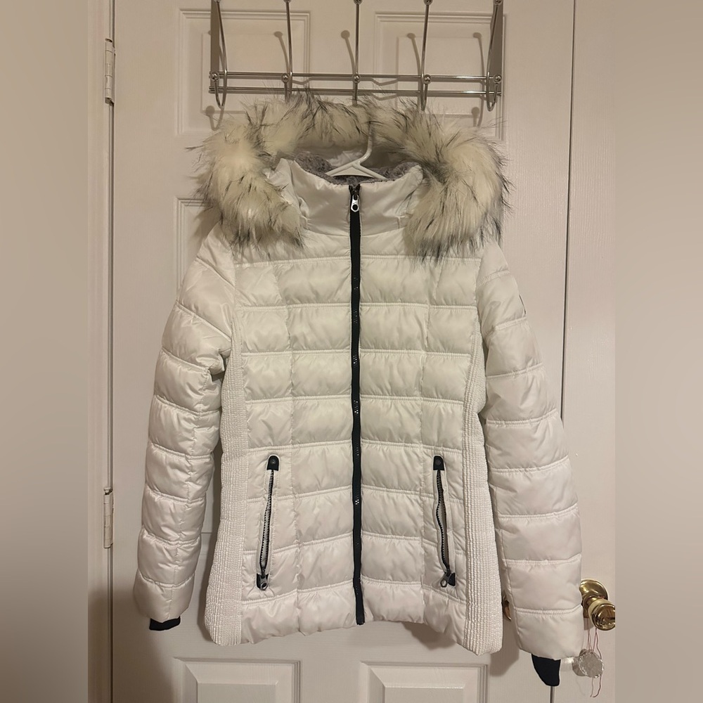 Nautica White Quilted Faux-Fur Hooded Puffer Jacket